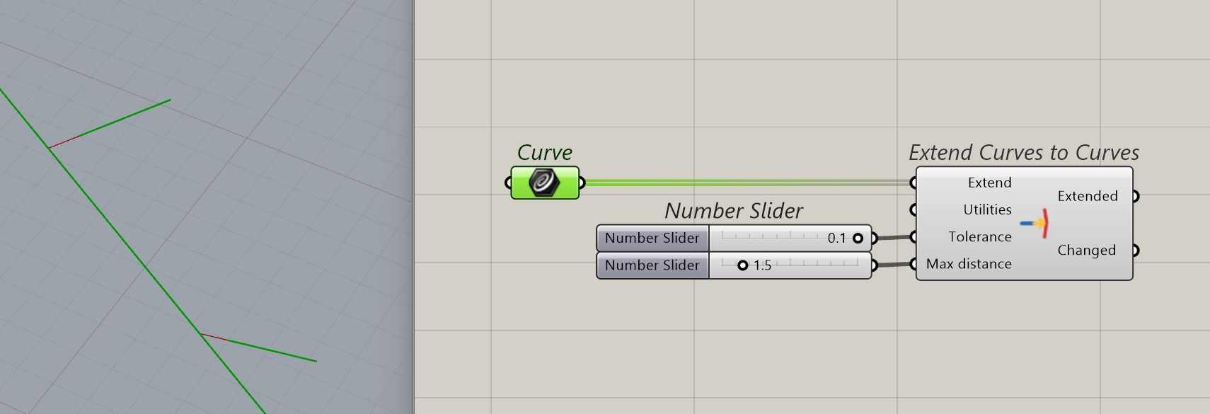 Extend Curves to Curves component in Grasshopper closing small gaps between beam axes shown in the Rhino viewport
