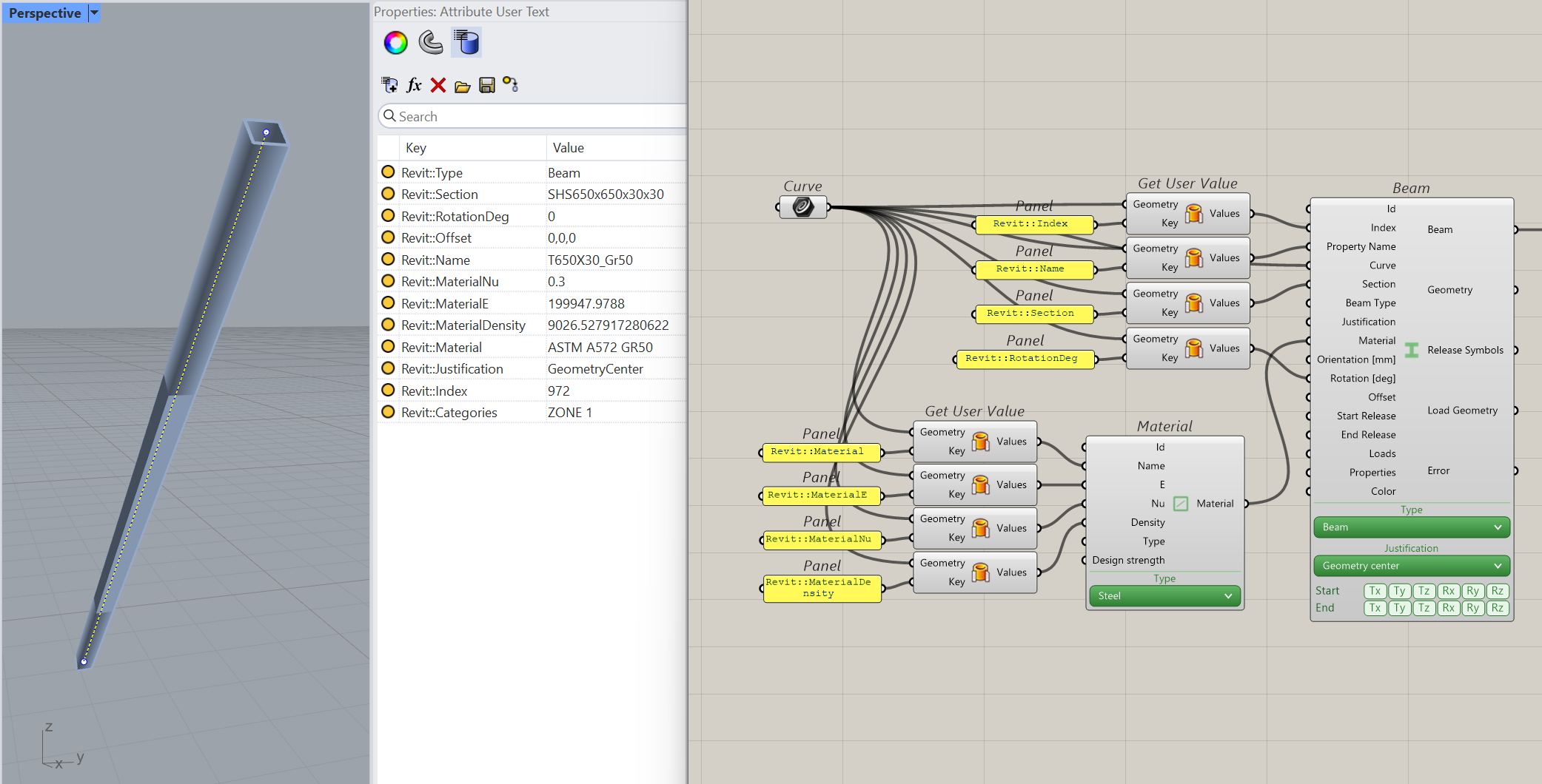 Revit attributes stored as Rhino object user text feeding Get User Value components into Cocodrilo Beam and Material components