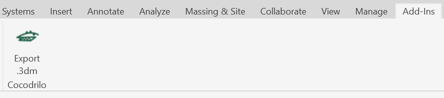 The Cocodrilo Export .3dm button on Revit's Add-Ins ribbon