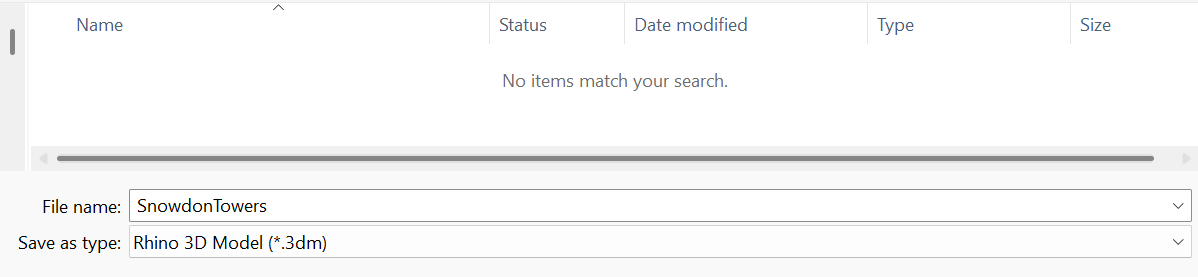 Save dialog with the file name and Rhino 3D Model (.3dm) file type
