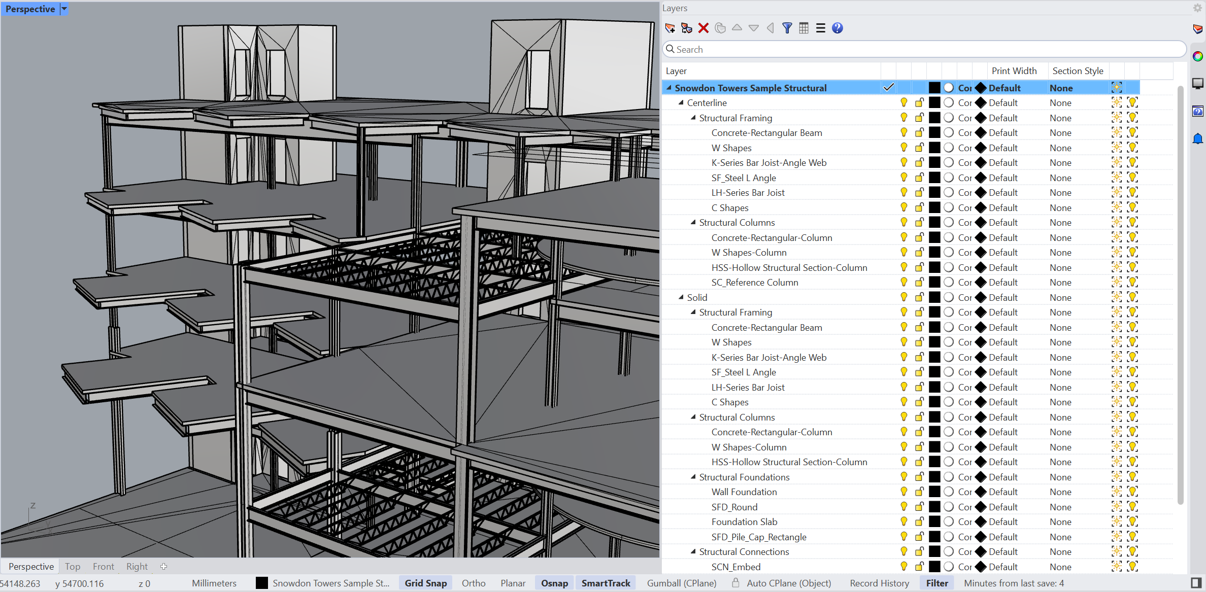 The exported Snowdon Towers sample model in Rhino with the Revit categories as a layer tree of centerline and solid geometry