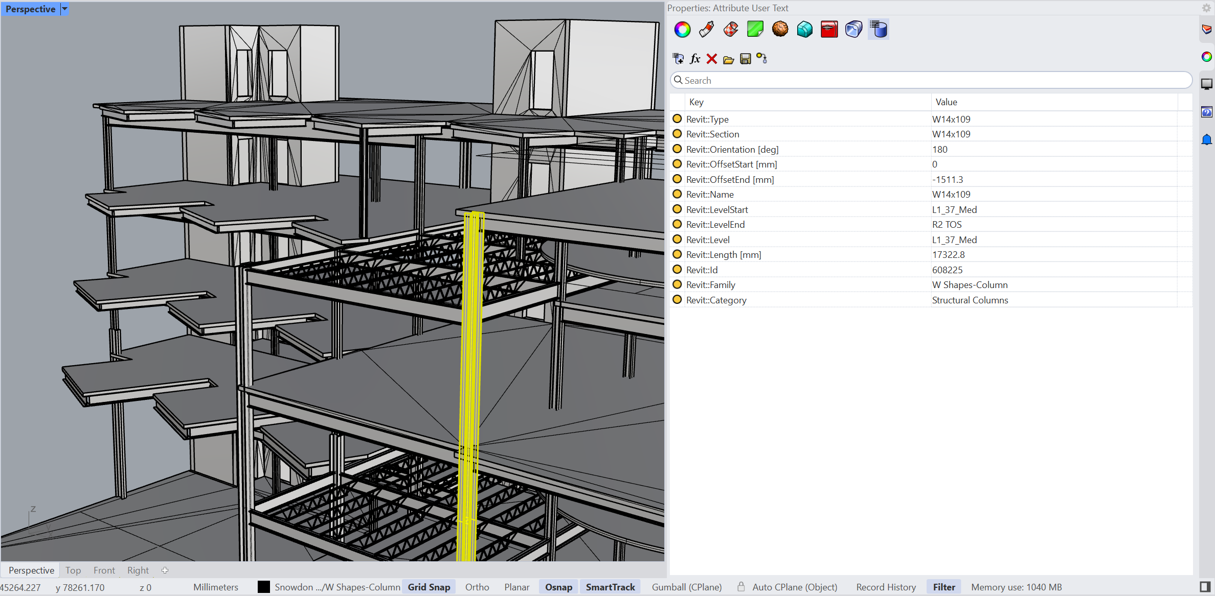 A selected column in Rhino showing its Revit attributes as object user text: type, section, orientation, levels, family and category