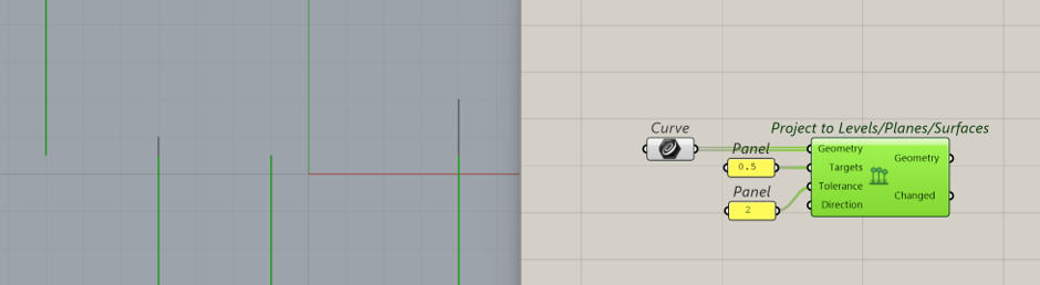 Project to Levels/Planes/Surfaces component in Grasshopper snapping vertical members onto a target level in the Rhino viewport