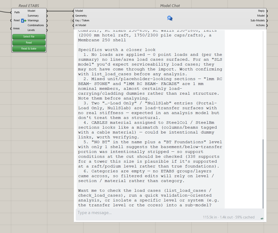 Model Chat component in Grasshopper connected to Read ETABS, reviewing an imported model and listing specifics worth a closer look, such as missing load cases and placeholder sections